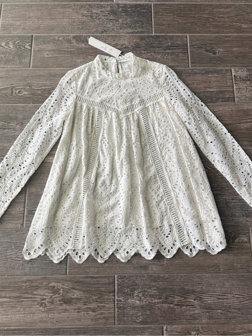 Ministry of Style Eyelet Embroidery Long Lace Sleeve Mock Neck Blouse Top